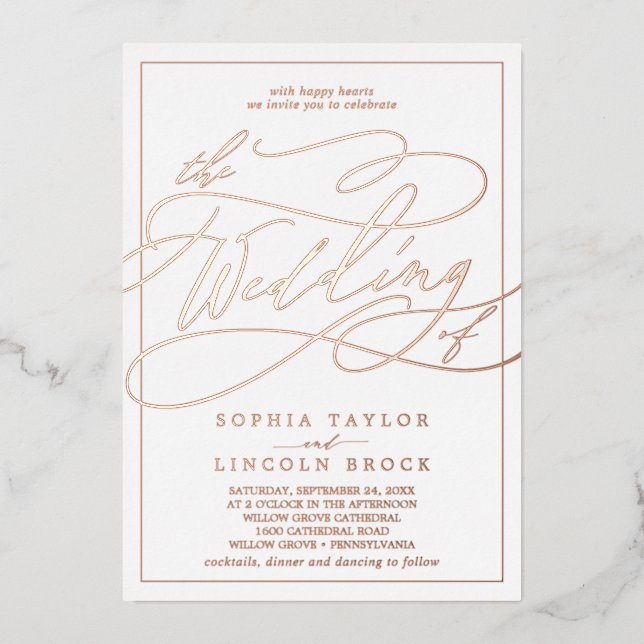 Romantische Rose Gold Foil Calligraphy Frame Weddi Folieneinladung (Vorderseite)