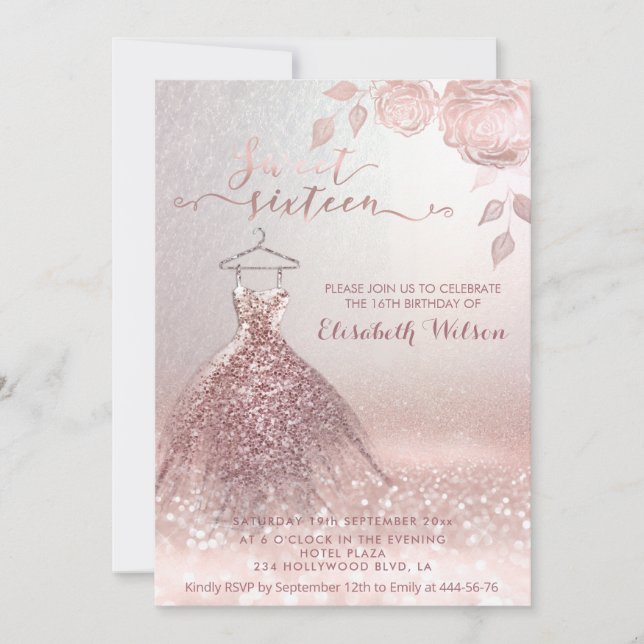 Romantische Rose Gold glänzende Kleidung Rose Einladung (Vorderseite)
