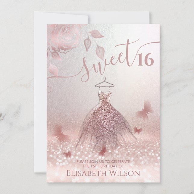 Romantische Rose Gold Glitzer Ober Kleidung Schmet Einladung (Vorderseite)