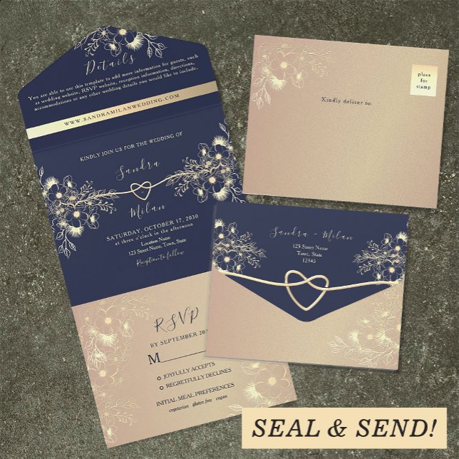 Romantische Rose Gold und Marinehochzeit All In One Einladung (Von Creator hochgeladen)