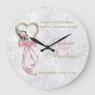 Romantische Rose, goldenes Herz & rosa Band Große Wanduhr
