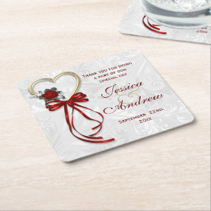 Romantische Rose, goldenes Herz & rotes Band Rechteckiger Pappuntersetzer