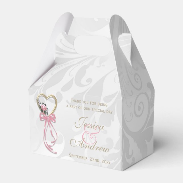 Romantische Rose, goldenes Herz und rosa Band Geschenkschachtel (Vorderseite)