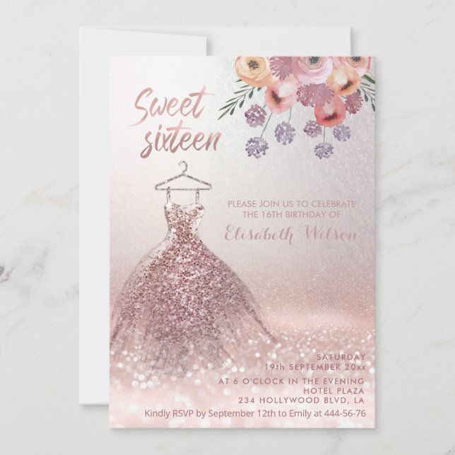 Romantische Rose goldfarbenes Kleid florale Einlad Einladung (Vorderseite)