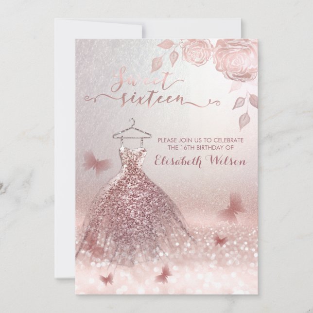 Romantische Rose goldglänzende Kleidung Rose Invit Einladung (Vorderseite)