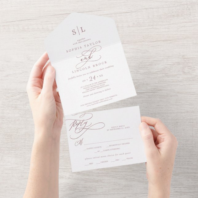 Romantische Rose Goldkalligraphie Monogram Wedding All In One Einladung (Abreißen)