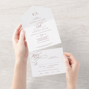 Romantische Rose Goldkalligraphie Monogram Wedding All In One Einladung