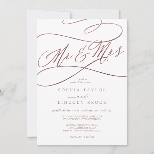 Romantische Rose Goldkalligraphie Mr. & Mrs. Weddi Einladung (Vorderseite)