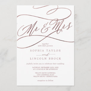 Romantische Rose Goldkalligraphie Mr. & Mrs. Weddi Einladung