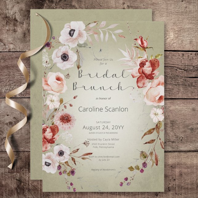 Romantische Rose Grünes Blumenbräu Brunch Einladung (Romantic Rose Green Floral Bridal Brunch Invitation)