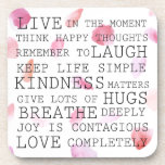 Romantische Rose Petals inspirierende Worte Getränkeuntersetzer<br><div class="desc">Romantische Rose Petals rosa pfirsichfarbene Aquarellfarben inspirierende Worte</div>
