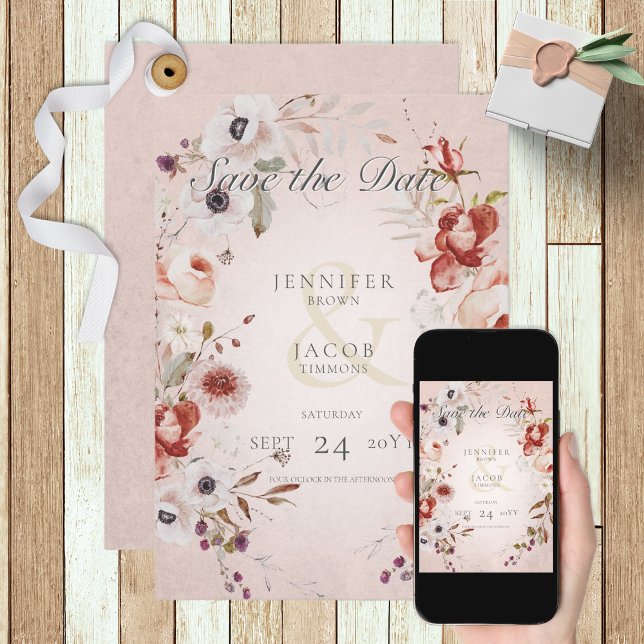 Romantische Rose Rosa Save the Date florale Karte (Von Creator hochgeladen)