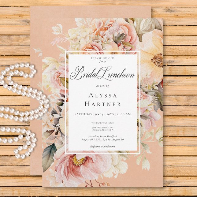 Romantische Rose Rosa und Rot Peach Bridal Luncheo Einladung (Romantic Pink & Blush Roses Peach Bridal Luncheon Invitation)