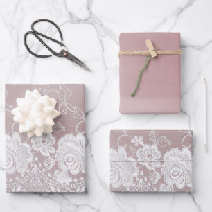 Romantische Rose Rosé Pink Weiß Spitze Blumen Hoch Geschenkpapier Set