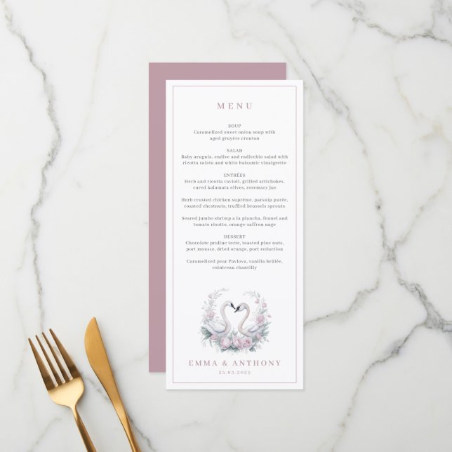Romantische Rose Swan Couple Wedding Menükarte (Vorderseite/Rückseite Beispiel)