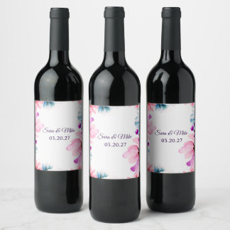 Romantische Rosé- und Blaue Floral-Hochzeitseinlad Weinetikett