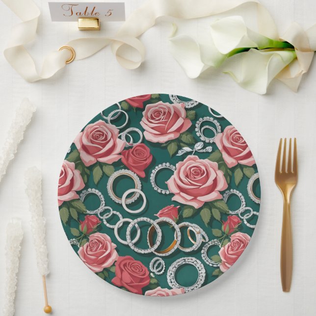 Romantische Rose und glänzende Diamantrisse Pappteller (Hochzeit)