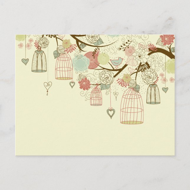 Romantische Rose, Vögel, Vogelkäfige, Vintage Blum Postkarte (Vorderseite)