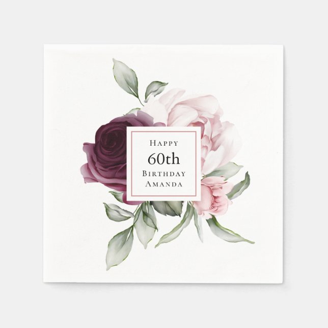 Romantische Rose Wasserfarben Botanischer 60. Gebu Serviette (Vorderseite)