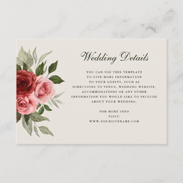 Romantische Rose Wasserfarben Elegante Hochzeiten  Begleitkarte (Vorderseite)