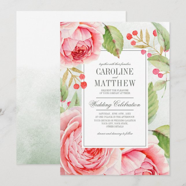 Romantische Rose Wasserfarbenhochzeit Einladung (Vorne/Hinten)