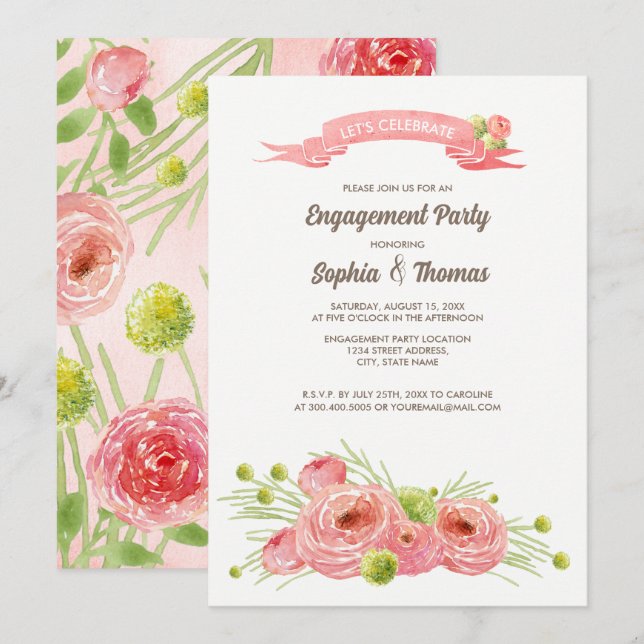 Romantische Rose Watercolor Engagement Party Einladung (Vorne/Hinten)