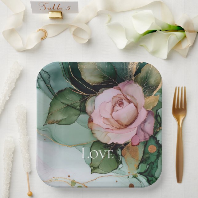 Romantische Rose Weißrosa Liebe Pappteller (Hochzeit)