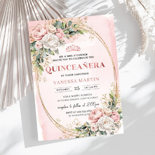 Romantische Roségold-Blumen-Greenery-Quinceañera Einladung