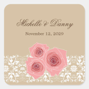 Romantische Rosen Damask Hochzeitskleber Quadratischer Aufkleber