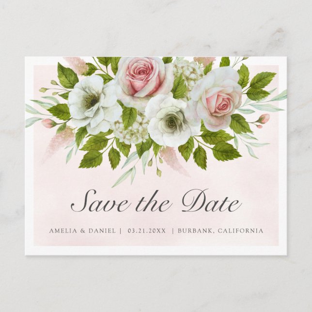 Romantische Rosen in Aquarellfarbe Save the Date Ankündigungspostkarte (Vorderseite)
