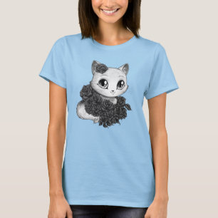 Romantische Rosen-Katzen-Kunst graue Flowy Spitze T-Shirt