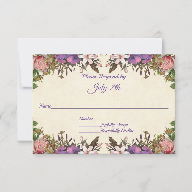 Romantische Rosen und Lila Petals Hochzeit RSVP (Vorderseite)