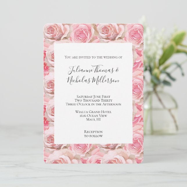 Romantische Rosenblütenhochzeit Einladung (Stehend Vorderseite)