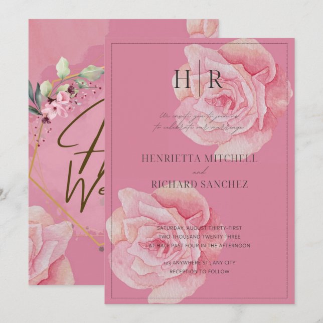 Romantische Rosenhochzeit Einladung (Vorne/Hinten)