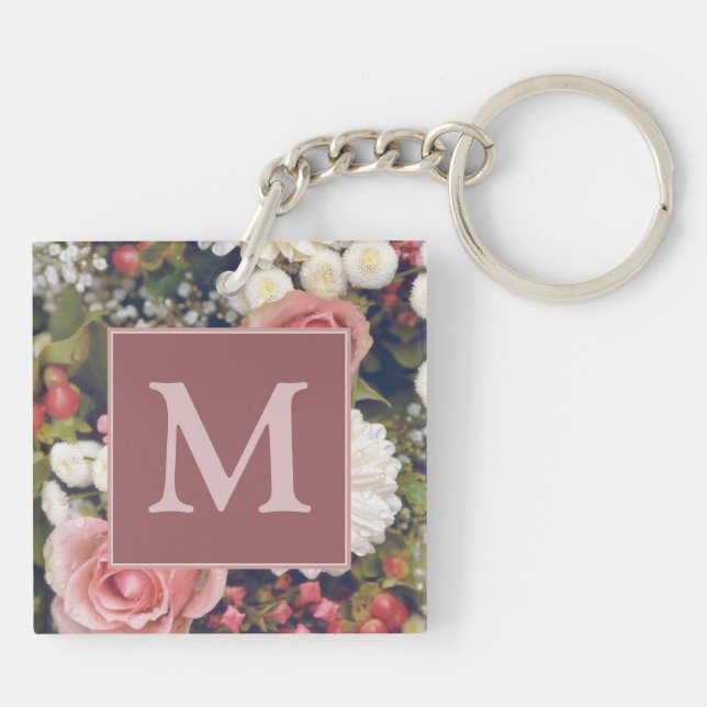 Romantische Rosenrosen Blume Bouquet Monogram Schlüsselanhänger (Rückseite)