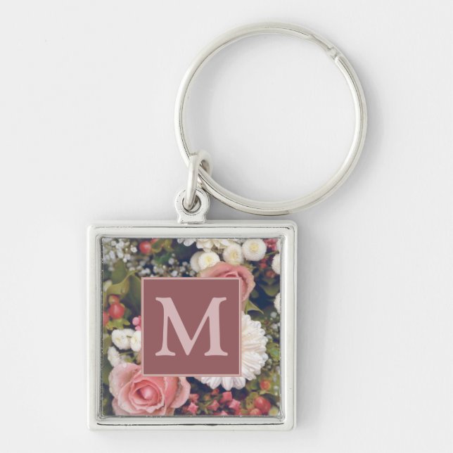 Romantische Rosenrosen Blume Bouquet Monogram Schlüsselanhänger (Vorne)