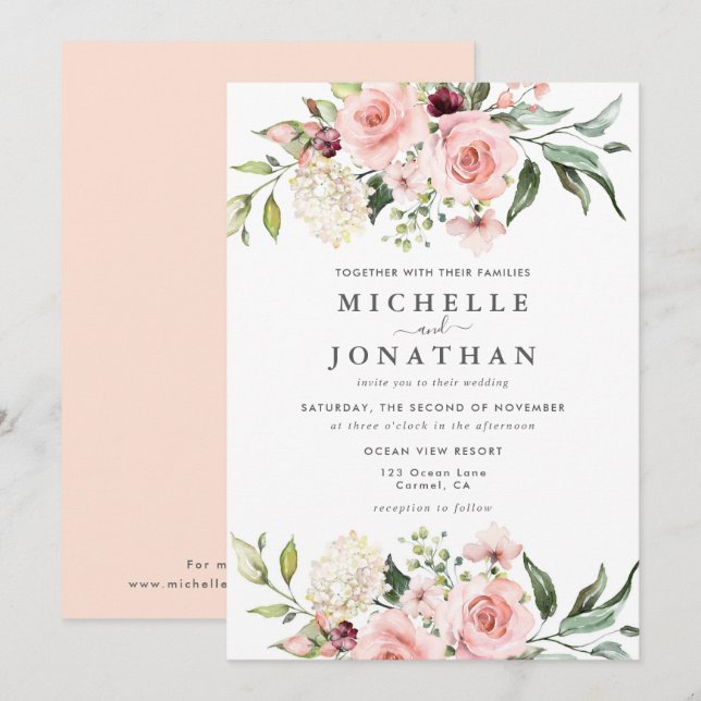 Romantische Roses Dusty Rose Einladung Hochzeit (Vorne/Hinten)