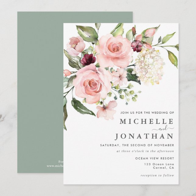 Romantische Roses Dusty Rose Einladung Hochzeit (Vorne/Hinten)