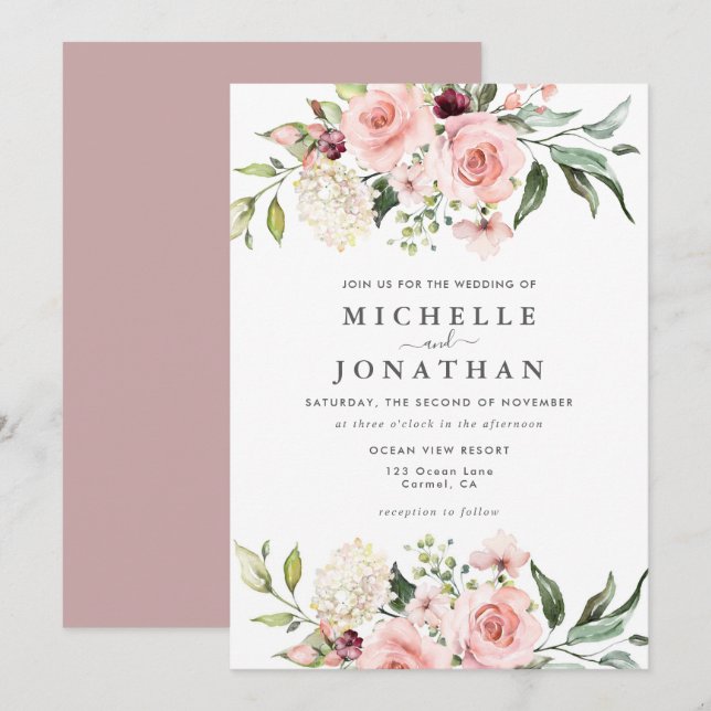 Romantische Roses Dusty Rose Einladung Hochzeit (Vorne/Hinten)