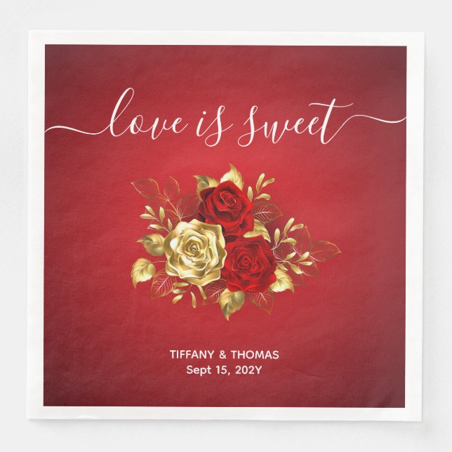 Romantische Rot-Gold-Rose Hochzeitsessen Napkins Serviette (Vorderseite)