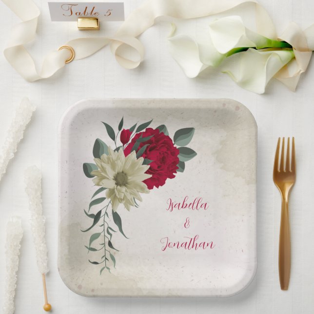 romantische Rot- und Blütenblumen Pappteller (Hochzeit)