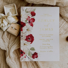 Romantische Rot-Weiß-Blütengoldverheiratung Folieneinladung