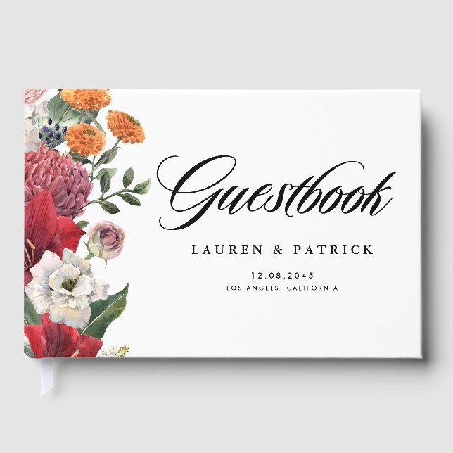 Romantische Rote Amaryllis und Florals Hochzeit im Gästebuch (Vorderseite)