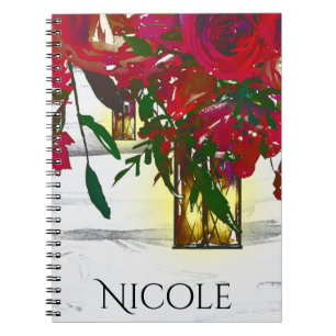 Romantische rote Aquarellrosen & Laterne Rustikal Notizblock