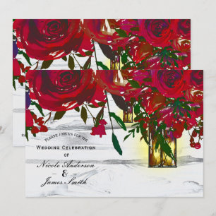 Romantische rote Aquarellrosen & Laternen Hochzeit Einladung