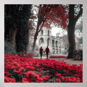 Romantische rote Blumen Paar Quadrat-Wandposter Poster