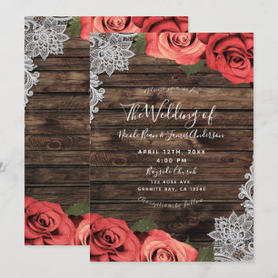 Romantische rote Blumenrosen rustikale Holzspitze  Einladung