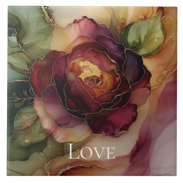 Romantische Rote Burgund Rose Gold Floral Fliese (Vorderseite)