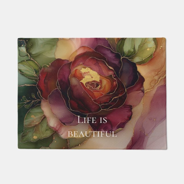 Romantische Rote Burgund Rose Gold Floral Fußmatte (Vorderseite)