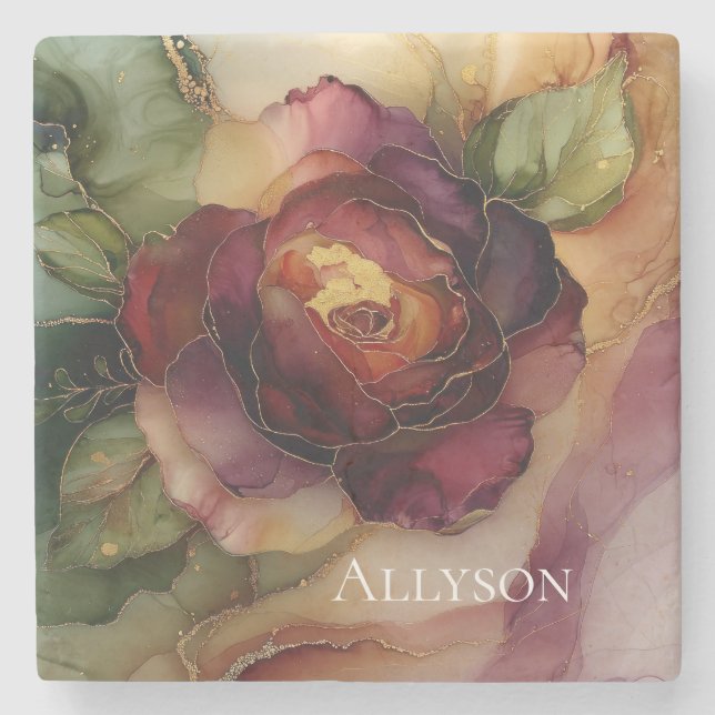 Romantische Rote Burgund Rose Gold Floral Steinuntersetzer (Vorderseite)